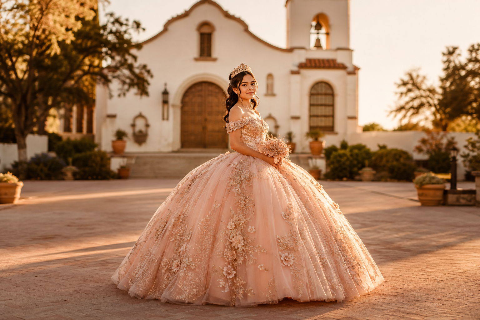 Quinceañera portrait outside a chapel