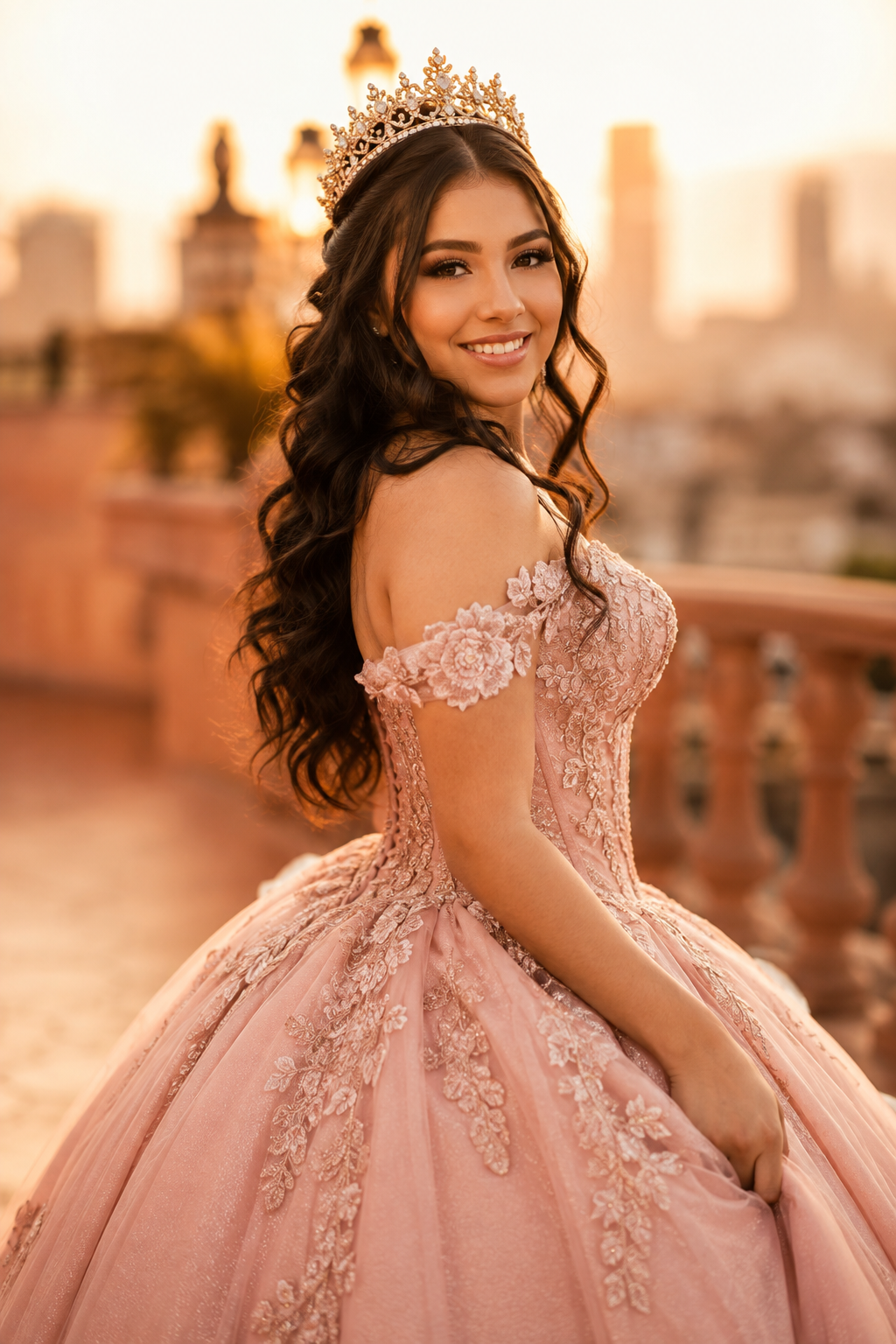 Quinceañera portrait in a pink gown and jeweled crown