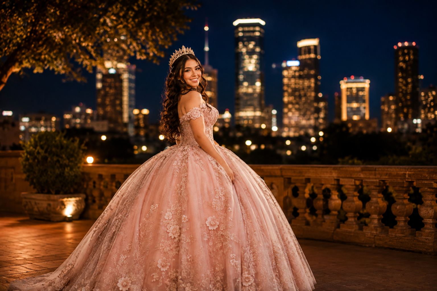 Quinceañera portrait overlooking the Houston skyline